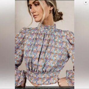 NWT Bohme Women's Small Brissa Floral High Neck Open Back Tie Blouse
